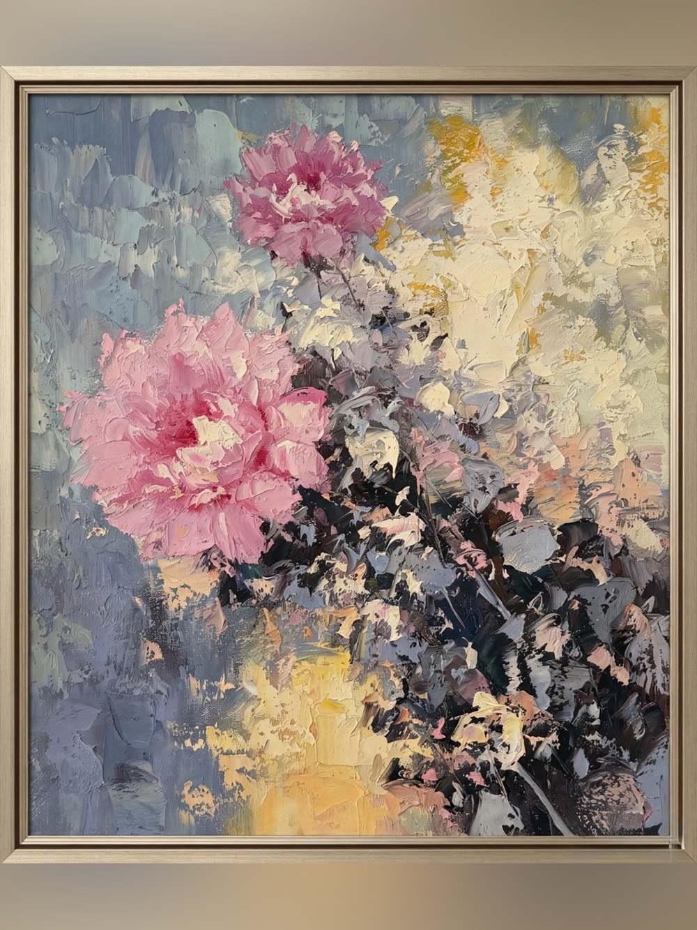 Abstract Impressionist Floral Painting Pink Flowers Gray Yellow, Unframed